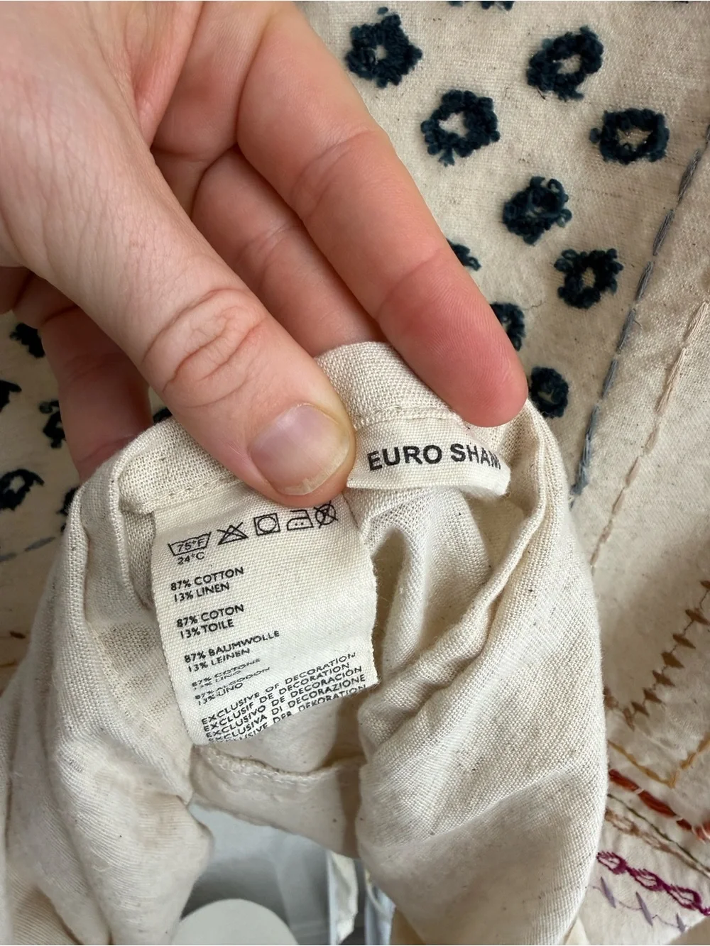 Anthropologie Embroidered Cotton Linen Euro Sham Cover | Natural | 26”x26”